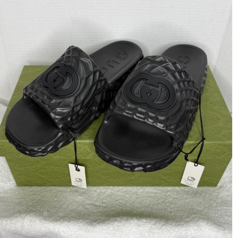 Gucci Slide Sandals Mens 13 Black Rubber Water Ripple Interlocking G Logo 770801